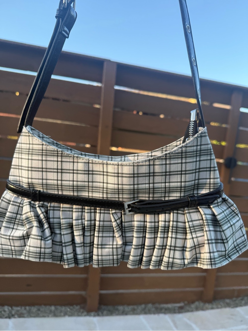 Plaid Ruffle Shoulder Bag in Black & White